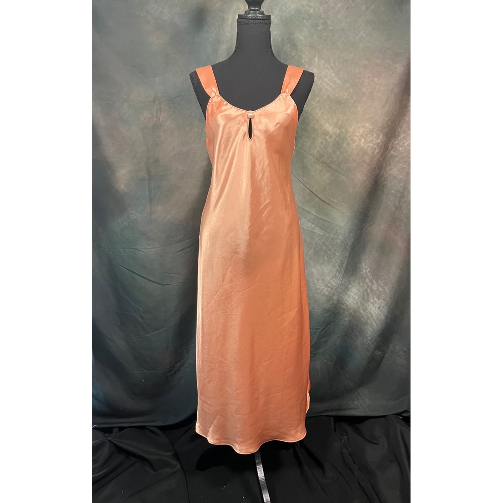 Cabernet Vintage Peach Satin Maxi Nightgown Slip Dress Pearl Keyhole Small
